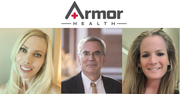 Three people are shown in front of a logo for armor health.